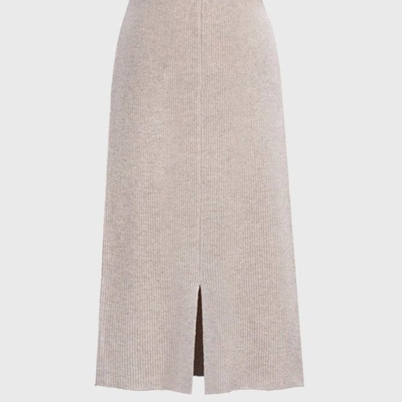 Woolen Midi Bodycon Ribbed Skirt with Back Split in Apricot - Picture 3 of 3